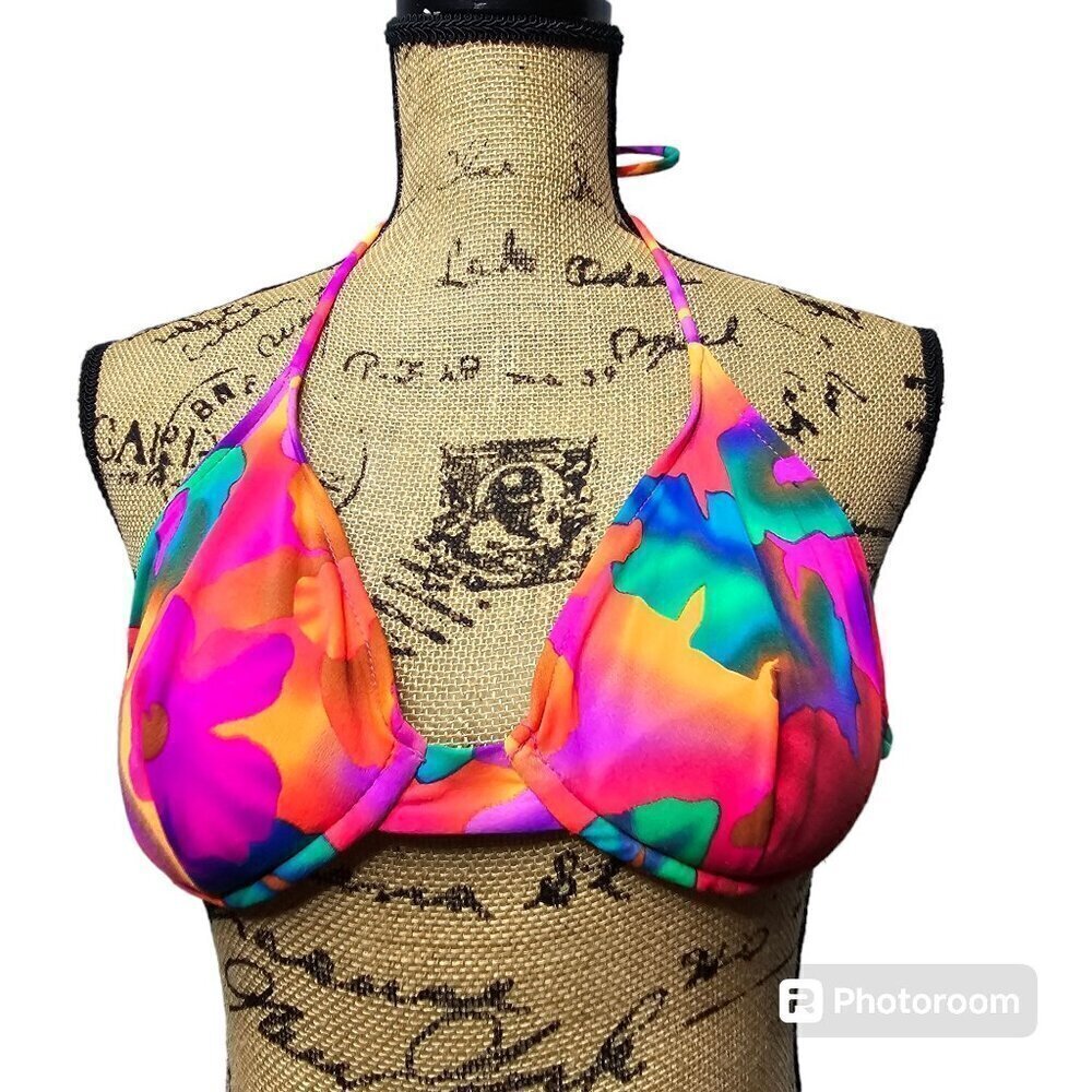 Vintage 80's 90's Neon Pink Orange Tropical Floral Bikini Top